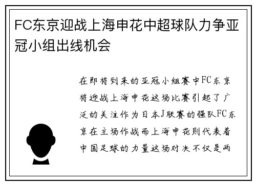 FC东京迎战上海申花中超球队力争亚冠小组出线机会